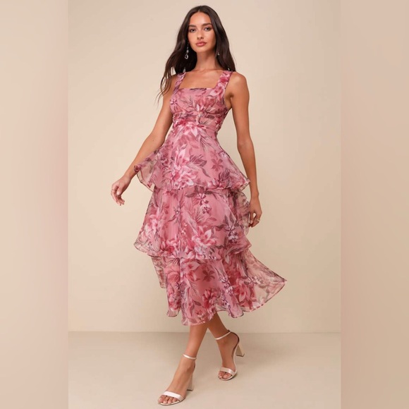 Lulus Dresses & Skirts - Lulu's Pink Floral Tiered Midi Dress